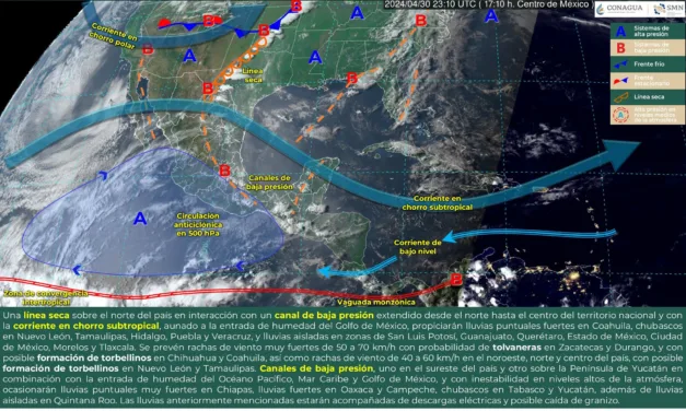 LLUVIAS PUNTUALES MUY FUERTES EN CHIAPAS. ADEMÁS, UNA LÍNEA SECA ORIGINARÁ RACHAS FUERTES DE VIENTO CON POSIBLES TORBELLINOS EN EL NORESTE DE MÉXICO