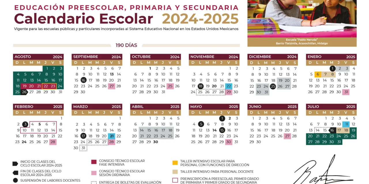 Este es el calendario escolar 2024-2025 para educación básica y Normal