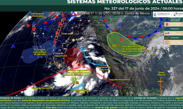 Continúa la temporada de lluvias en México, acompañadas de descargas eléctricas y posible caída de granizo