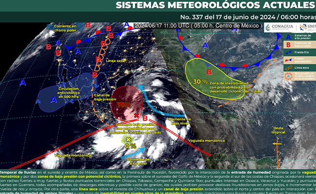 Continúa la temporada de lluvias en México, acompañadas de descargas eléctricas y posible caída de granizo