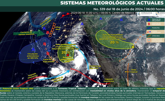 Ciclón Tropical podría evolucionar a Tormenta Tropical “Alberto” y provocar lluvias en varios estados