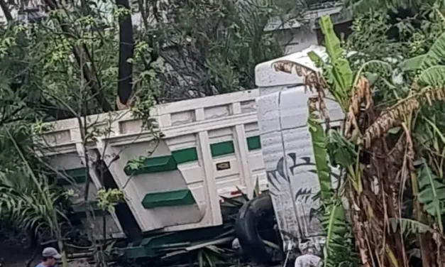 Se sale tráiler de la carretera, quedó en el patio de una casa en el poblado de El Limoncito