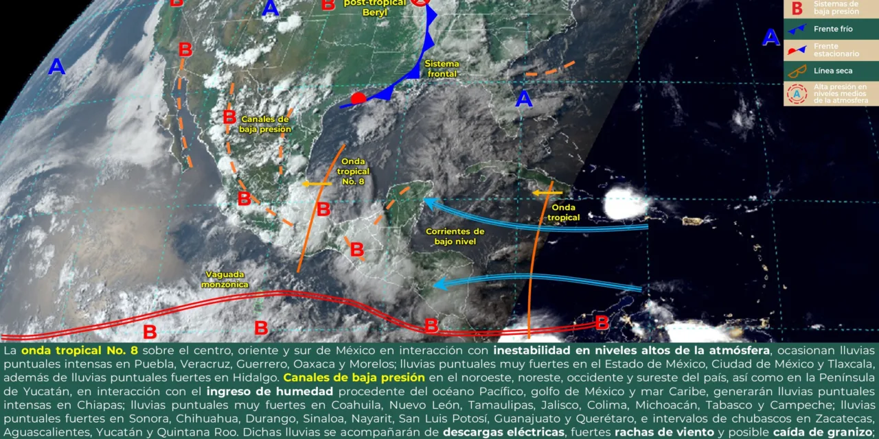 Durante esta noche y madrugada del miércoles, la onda tropical No. 8 recorrerá el oriente, centro y sur de México