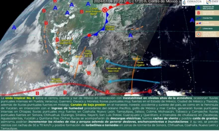 Durante esta noche y madrugada del miércoles, la onda tropical No. 8 recorrerá el oriente, centro y sur de México