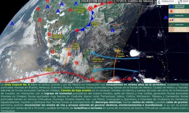 Durante esta noche y madrugada del miércoles, la onda tropical No. 8 recorrerá el oriente, centro y sur de México