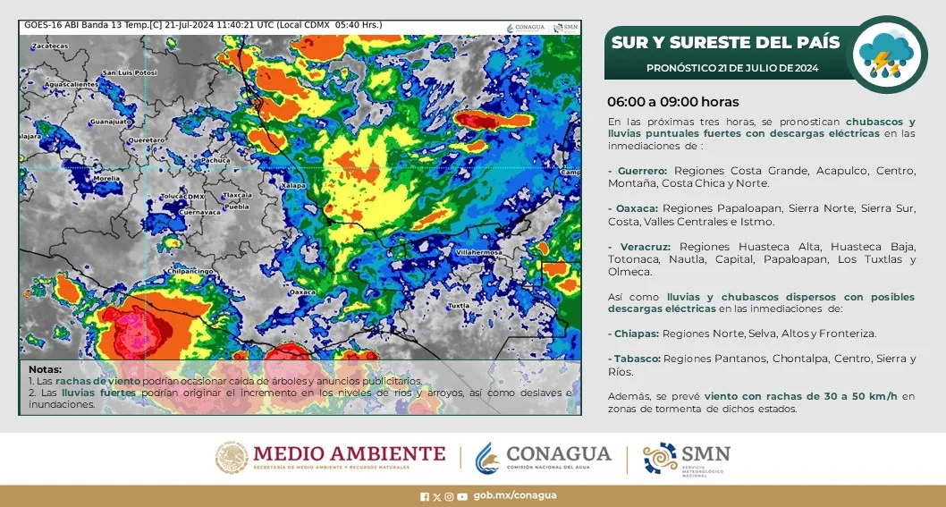 Se pronostican lluvias intensas en Chiapas, Guerrero, Oaxaca, Sonora y Veracruz