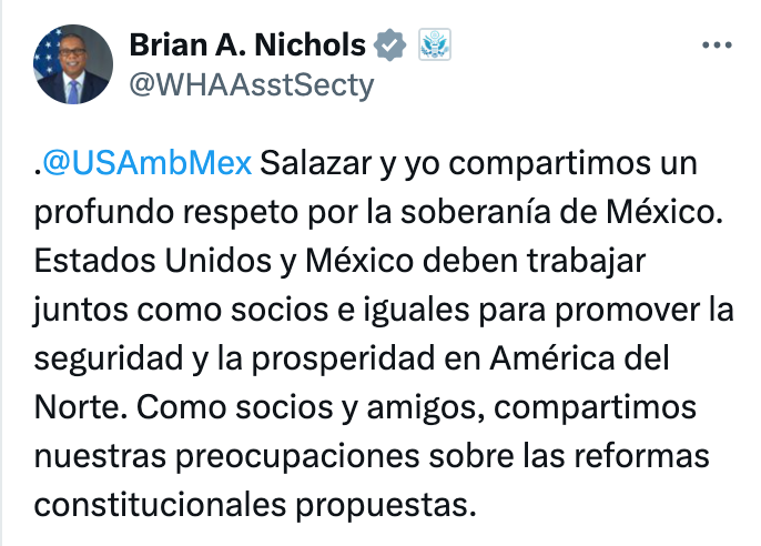 Subsecretario de Estado de EUA Refrenda Respeto a Soberanía de México y Respalda a Ken Salazar