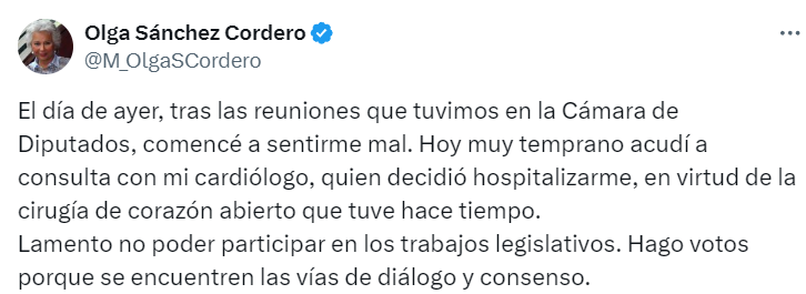 OLGA SÁNCHEZ AUSENTE EN VOTACIÓN DE LA REFORMA JUDICIAL POR MOTIVOS DE SALUD