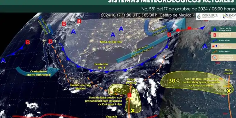 Para hoy, el frente frío No. 4 cruzará la península de Yucatán y el golfo de México