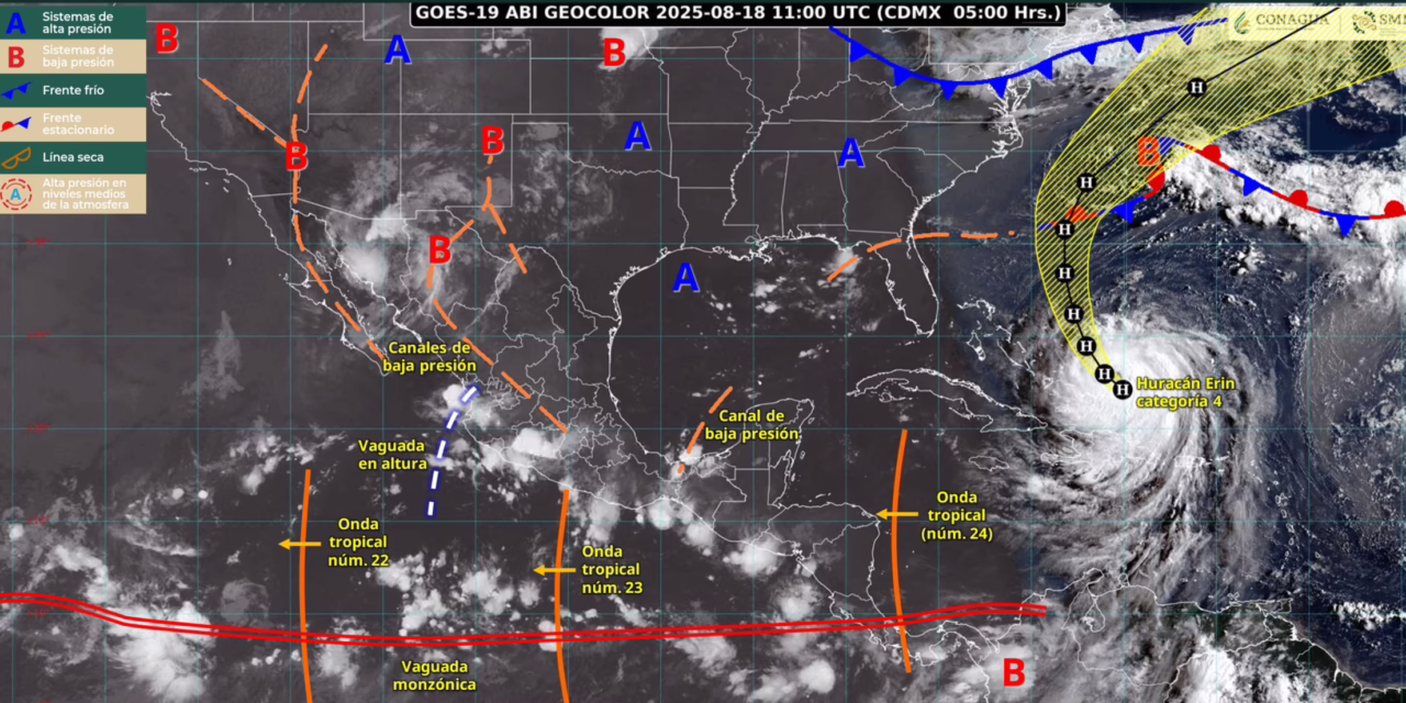 Para este lunes se pronostican Lluvias intensas en el sur de Chiapas, y muy fuertes para Jalisco, Guerrero, Oaxaca, Veracruz y Tabasco.