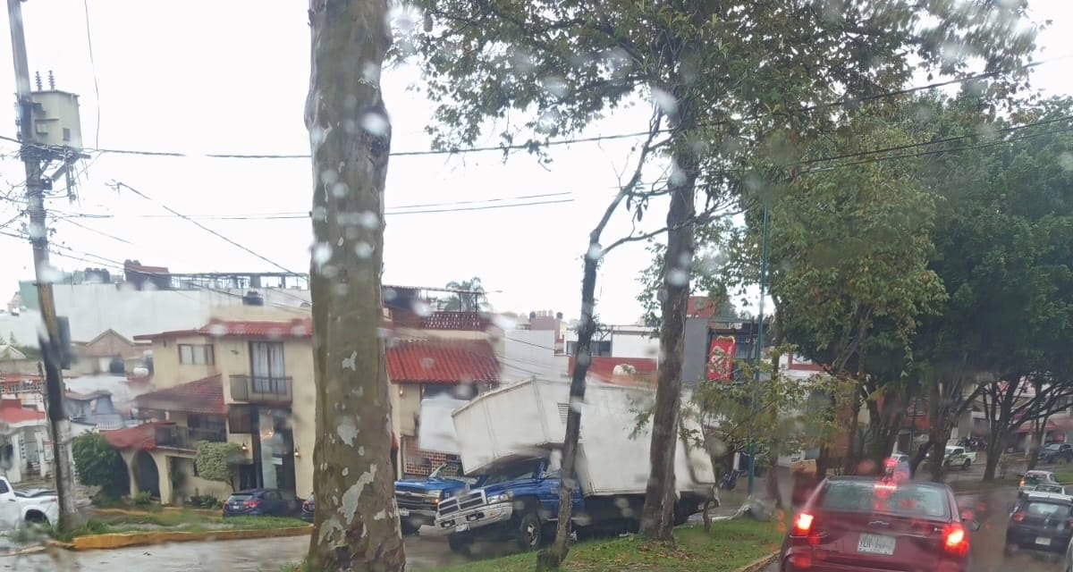 Camioneta de carga termina en el camellón central en Araucarias