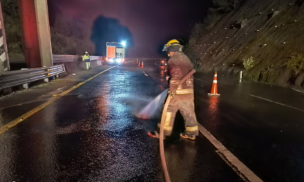 Bomberos limpian derrame aceite y gasolina, tras accidente en la Xalapa-Perote