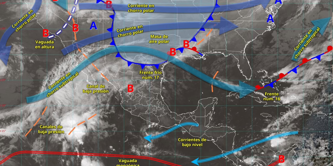 Este día, el frente frío núm. 17 se desplazará sobre el norte y noreste del territorio nacional
