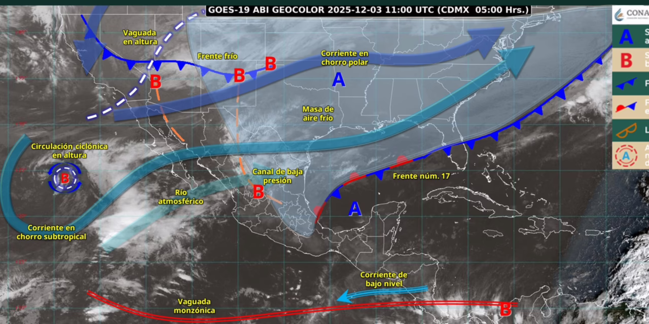 Hoy, el frente núm. 17 se extenderá con características de estacionario sobre el noreste de México, ocasionará chubascos en Veracruz