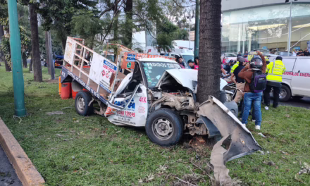Bomberos de Xalapa liberan a conductor prensado tras chocar camioneta de gas contra árbol en la carretera Xalapa – Veracruz