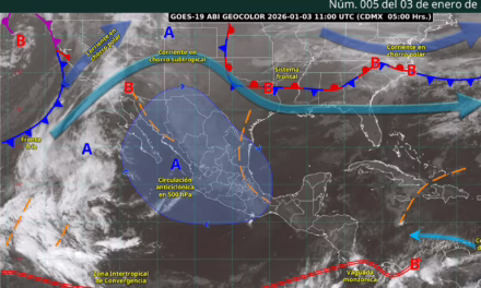 En el transcurso de este día, el ingreso de humedad del océano Pacífico ocasionará lluvias y chubascos en zonas del occidente, sur y sureste mexicano