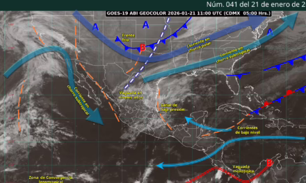 Este día, una vaguada en niveles altos de la atmósfera cruzará el noreste y centro del país, en interacción con la corriente en chorro subtropical e inestabilidad atmosférica, originarán lluvias