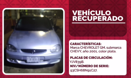 Asegura Policía Municipal vehículo con reporte de robo en Xalapa; exhortan a la ciudadanía a reclamar la unidad