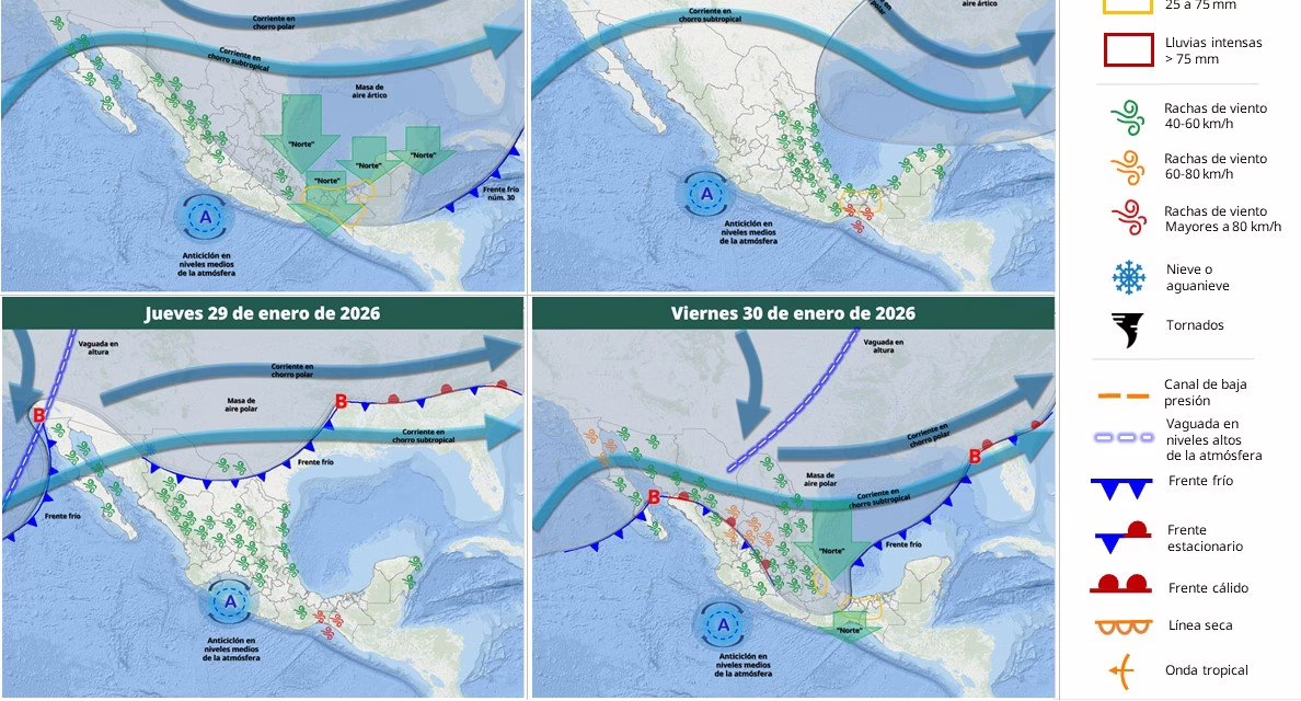 DURANTE EL LUNES Y MARTES, EL FRENTE FRÍO NÚM. 30 Y SU MASA DE AIRE ÁRTICO OCASIONARÁN AMBIENTE FRÍO A MUY FRÍO SOBRE LA MAYOR PARTE DEL TERRITORIO NACIONAL