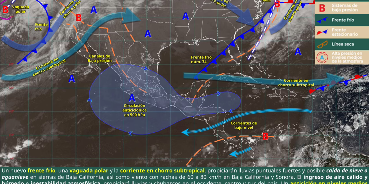 AMBIENTE FRÍO, VIENTO Y LLUVIAS FUERTES SOBRE BAJA CALIFORNIA; ASÍ COMO CHUBASCOS EN EL SURESTE DEL PAÍS