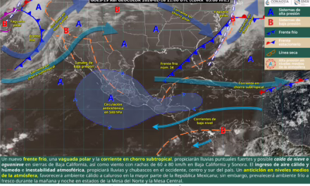 AMBIENTE FRÍO, VIENTO Y LLUVIAS FUERTES SOBRE BAJA CALIFORNIA; ASÍ COMO CHUBASCOS EN EL SURESTE DEL PAÍS
