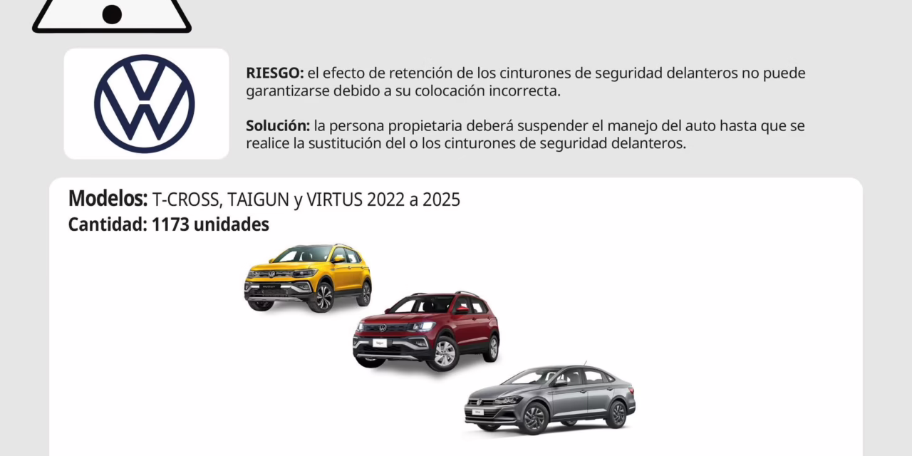 Procuraduría Federal del Consumidor, informó sobre el llamado a revisión de los modelos T-CROSS, TAIGUN y VIRTUS 2022 a 2025.