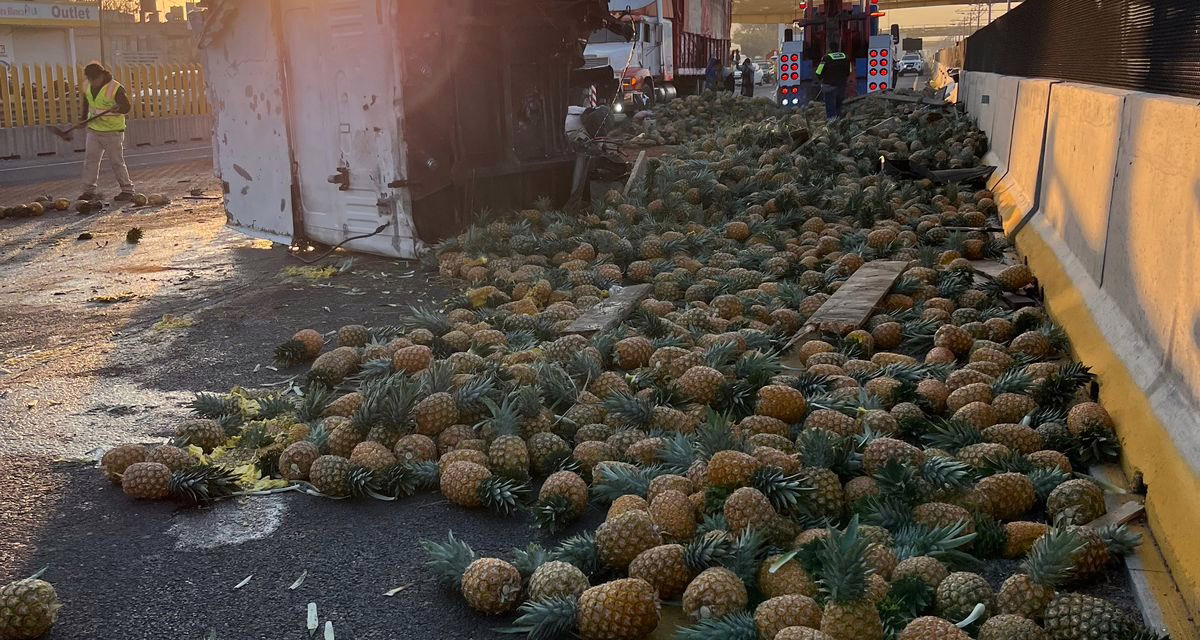 Vuelca tráiler con toneladas de piña en la México-Puebla