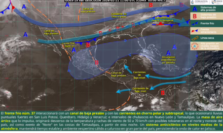LLUVIAS FUERTES Y VIENTOS FUERTES A MUY FUERTES EN EL NORTE Y NORESTE DE MÉXICO, ADEMÁS DE EVENTO DE NORTE EN COSTAS DE TAMAULIPAS DURANTE LA NOCHE