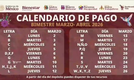 Anuncian el calendario de pagos de la Pensión Bienestar 2026 del bimestre marzo-abril