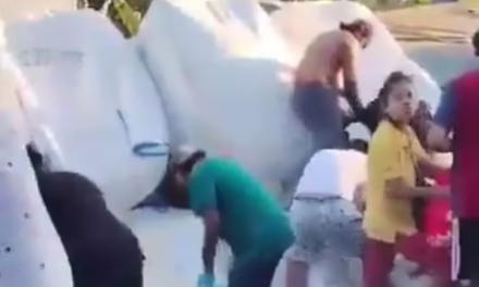 Video: Mujer enfrenta a rapiñeros tras volcadura en Tabasco.