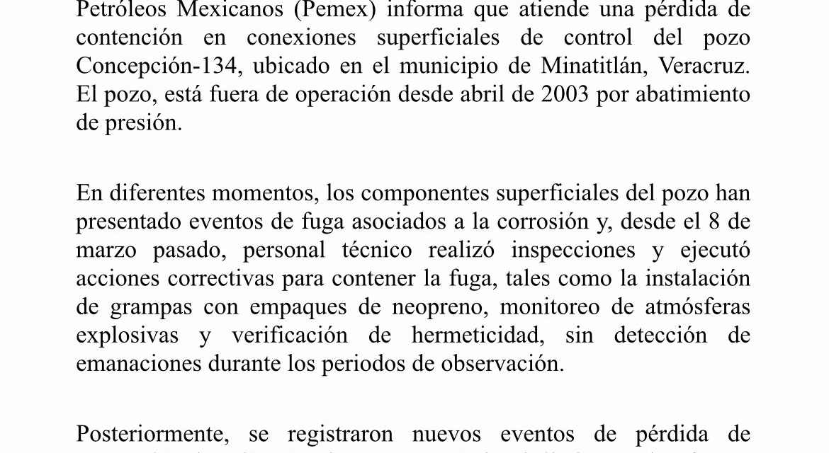 Pemex asegura que ya atiende fuga en pozo de Minatitlán, Veracruz; descarta riesgo a la población
