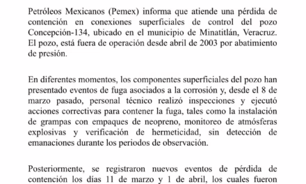 Pemex asegura que ya atiende fuga en pozo de Minatitlán, Veracruz; descarta riesgo a la población
