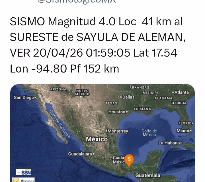 Se registra SISMO en Veracruz, hoy 20 de abril