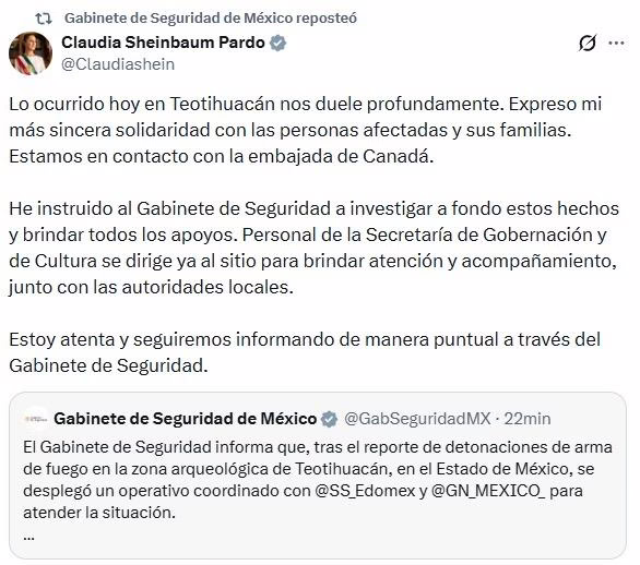 Lamenta Sheinbaum tiroteo en Teotihuacán Nacional