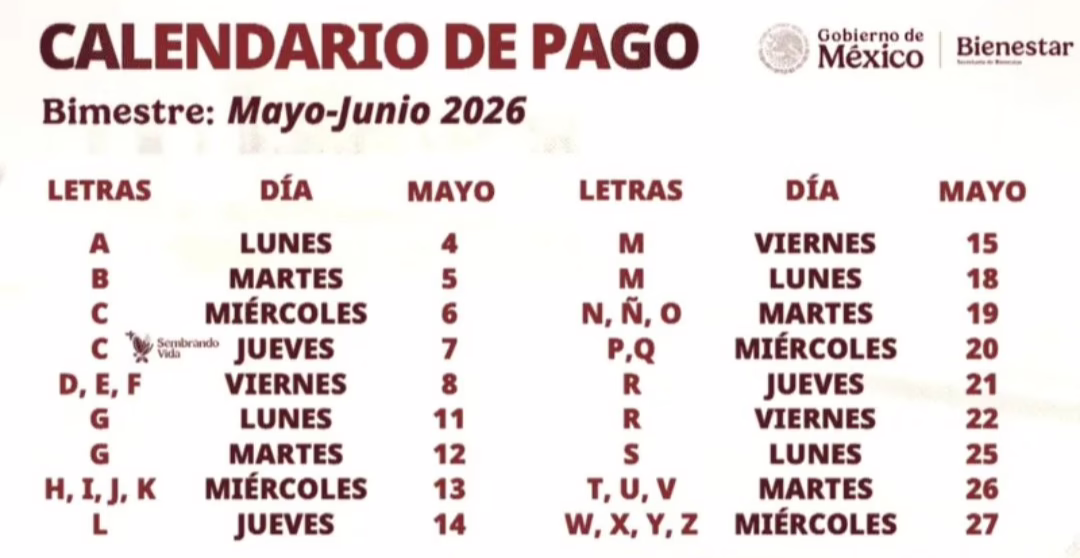 Calendario OFICIAL de pagos de la Pensión Bienestar 2026 del bimestre mayo-junio