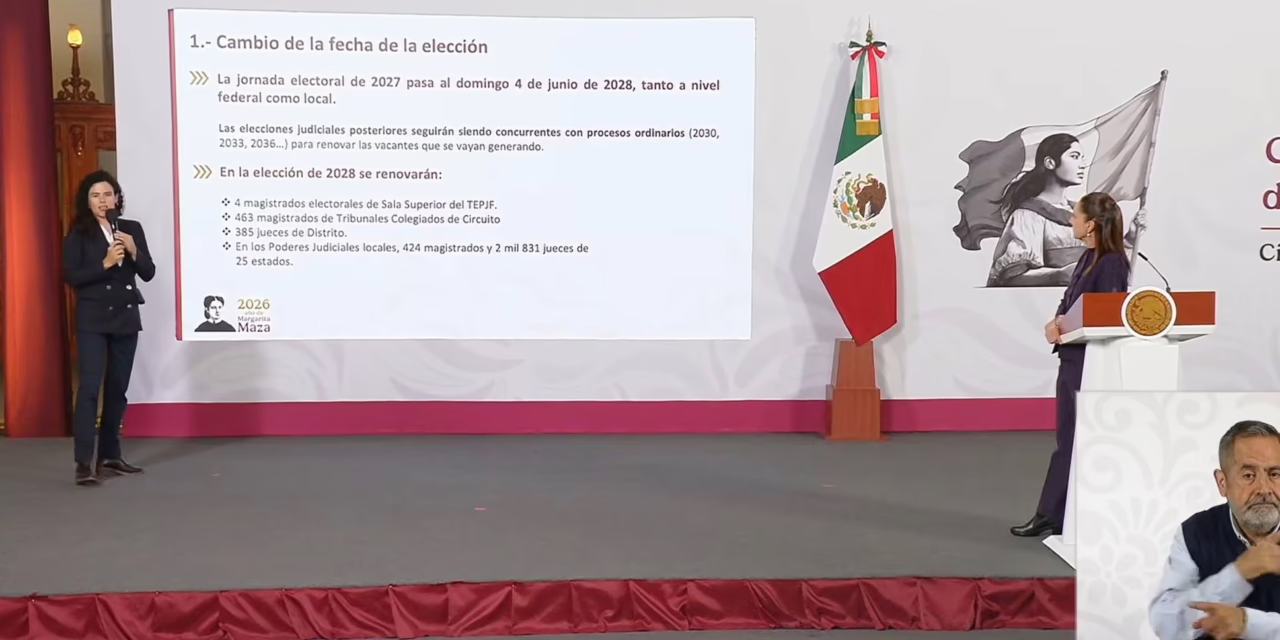 La presidenta Claudia Sheinbaum anunció que enviará una reforma constitucional para mover la elección judicial a 2028.