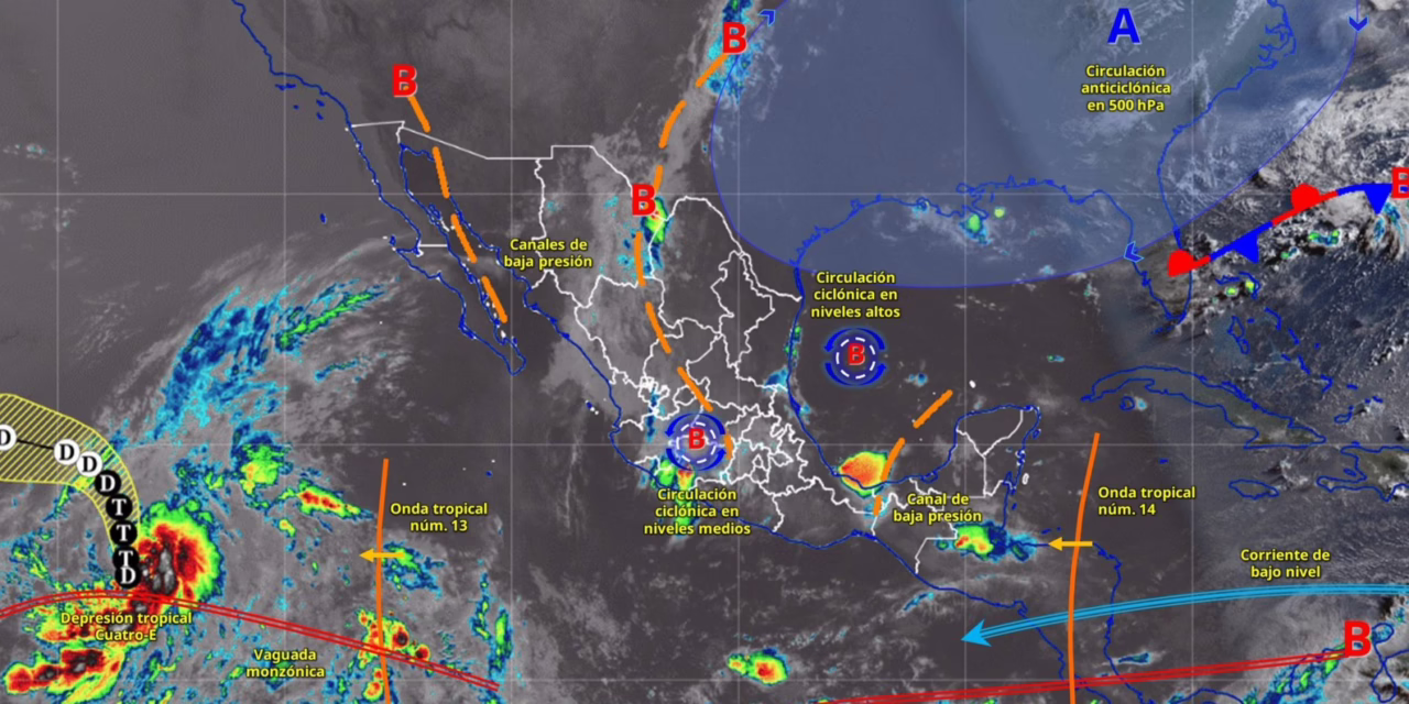 Dos circulaciones ciclónicas, una en niveles altos de la atmósfera sobre el occidente del golfo de México, y otra en los niveles medios sobre el centro del país,