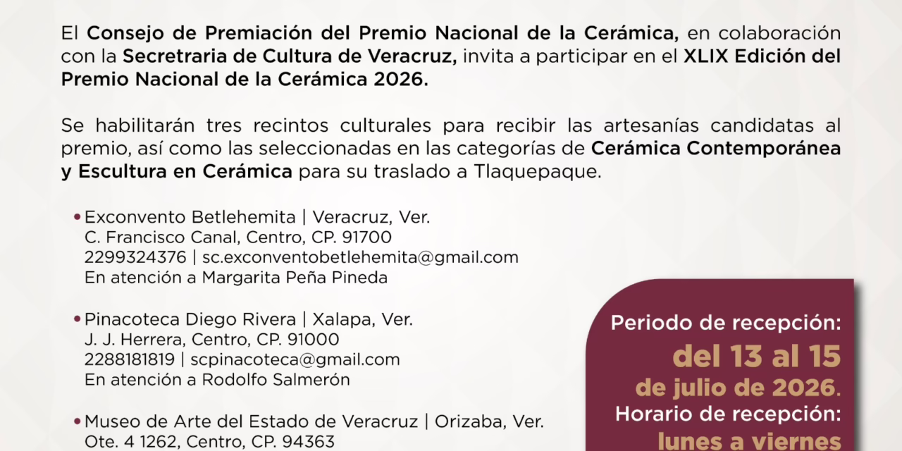 SECVER habilita tres sedes para recibir obras participantes del Premio Nacional de Cerámica