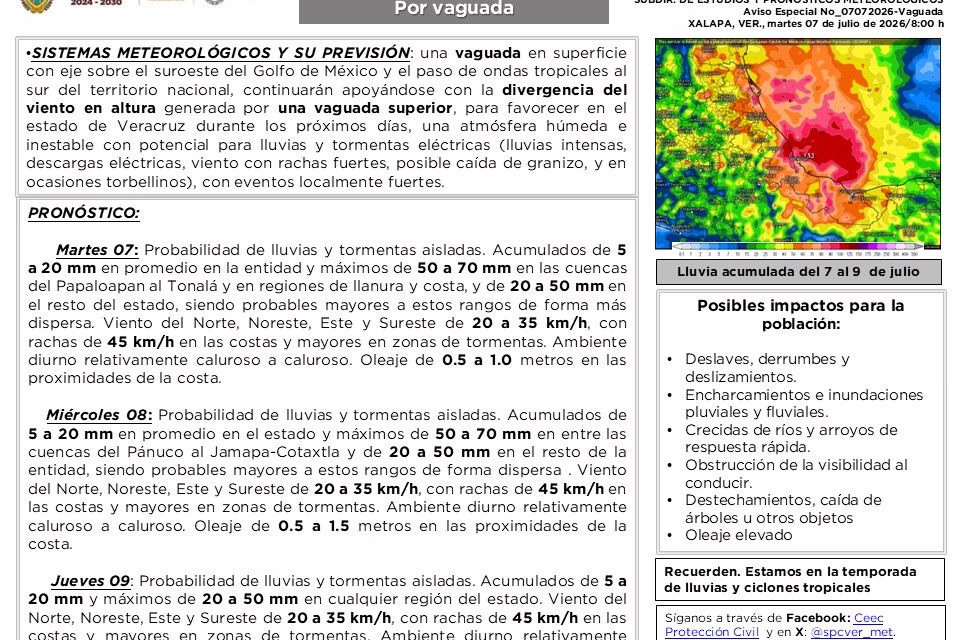 PC emite Aviso Especial por lluvias prolongadas en el estado