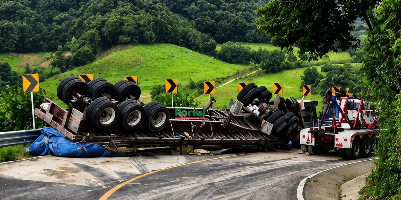 Vuelca tractocamión cargado de cemento en la carretera Atzalan-Tlapacoyan; vialidad permanece cerrada