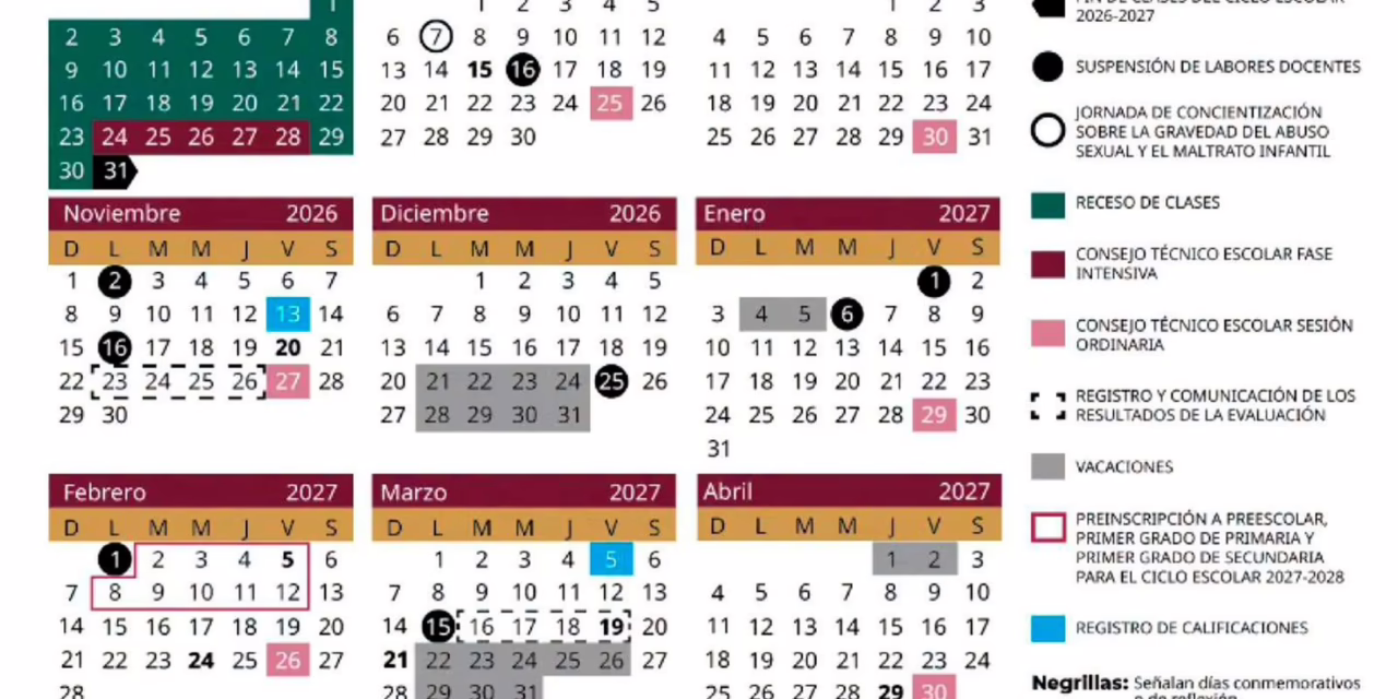 Da a conocer SEV Calendario Escolar 2026-2027; inicia el 31 de agosto