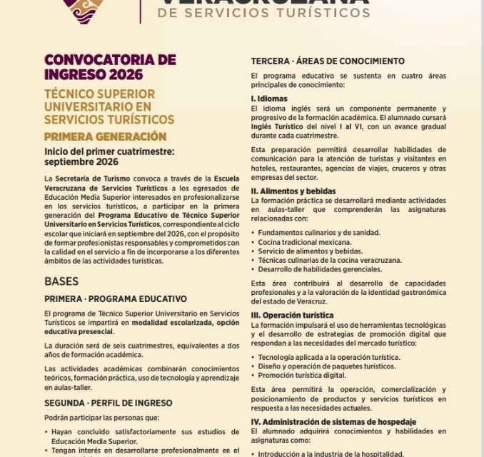 Escuela de Servicios Turísticos mantiene abierta convocatoria de ingreso